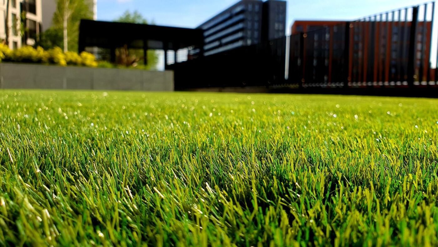 Close-up of a lush green lawn with dew-covered grass blades. In the background, modern buildings and a fence partially shaded by a structure can be seen, all under a clear blue sky. The image captures a morning scene with fresh greenery in an urban setting—courtesy of a playground turf installer in Tucson AZ.