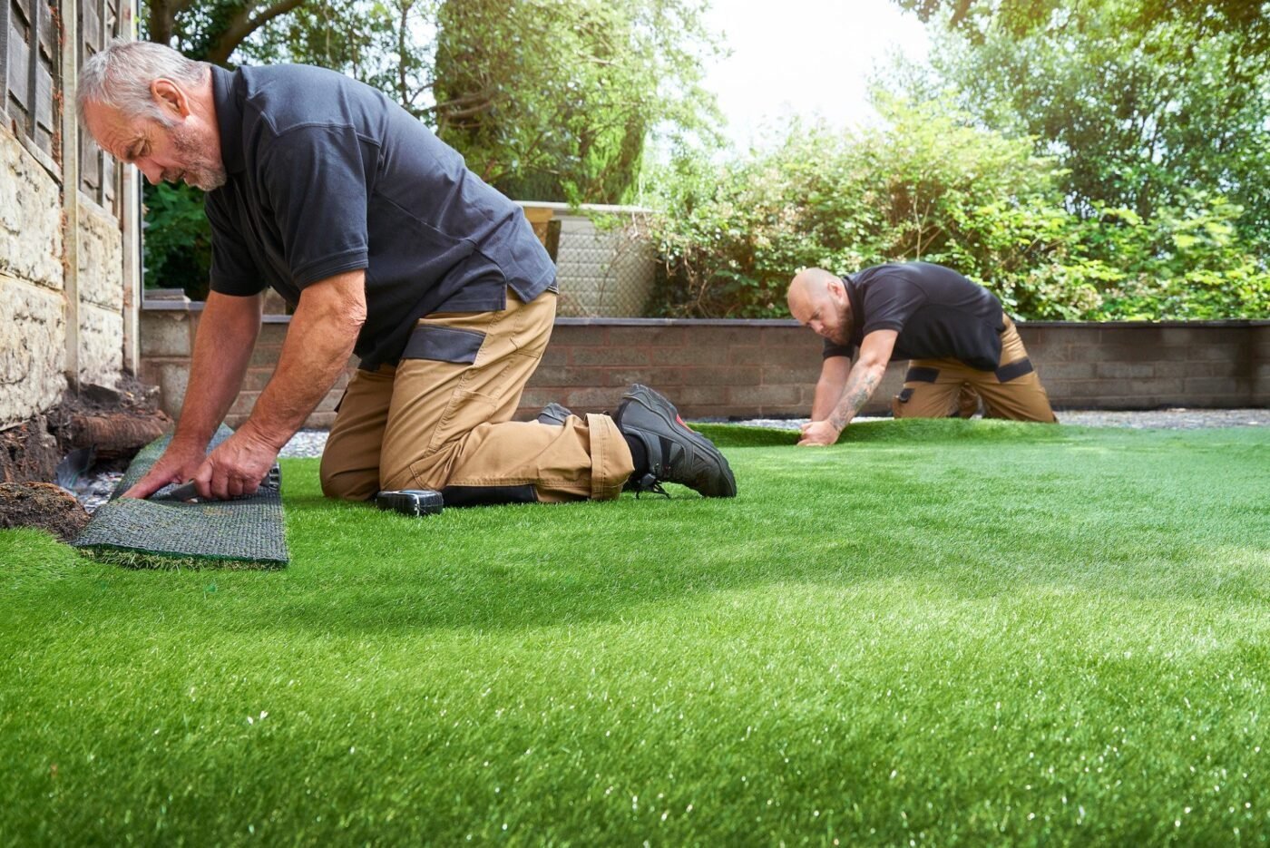 Two workers are installing Tucson Artificial Grass on a lawn. They are both kneeling on the ground, one near a stone wall and the other further back, wearing black shirts and khaki pants. The area is surrounded by greenery and trees, perfect for creating a backyard putting green in Tucson AZ.